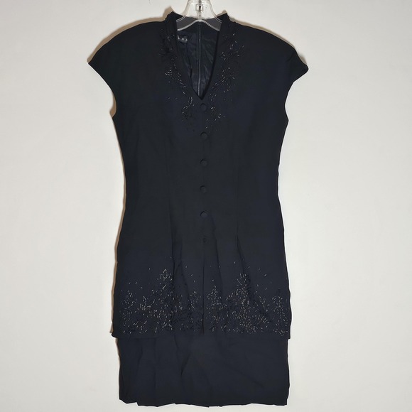 Marianna Dress Womens 8 Black Beaded V Neck Button Front Sheath Cocktail Lined - Picture 1 of 16